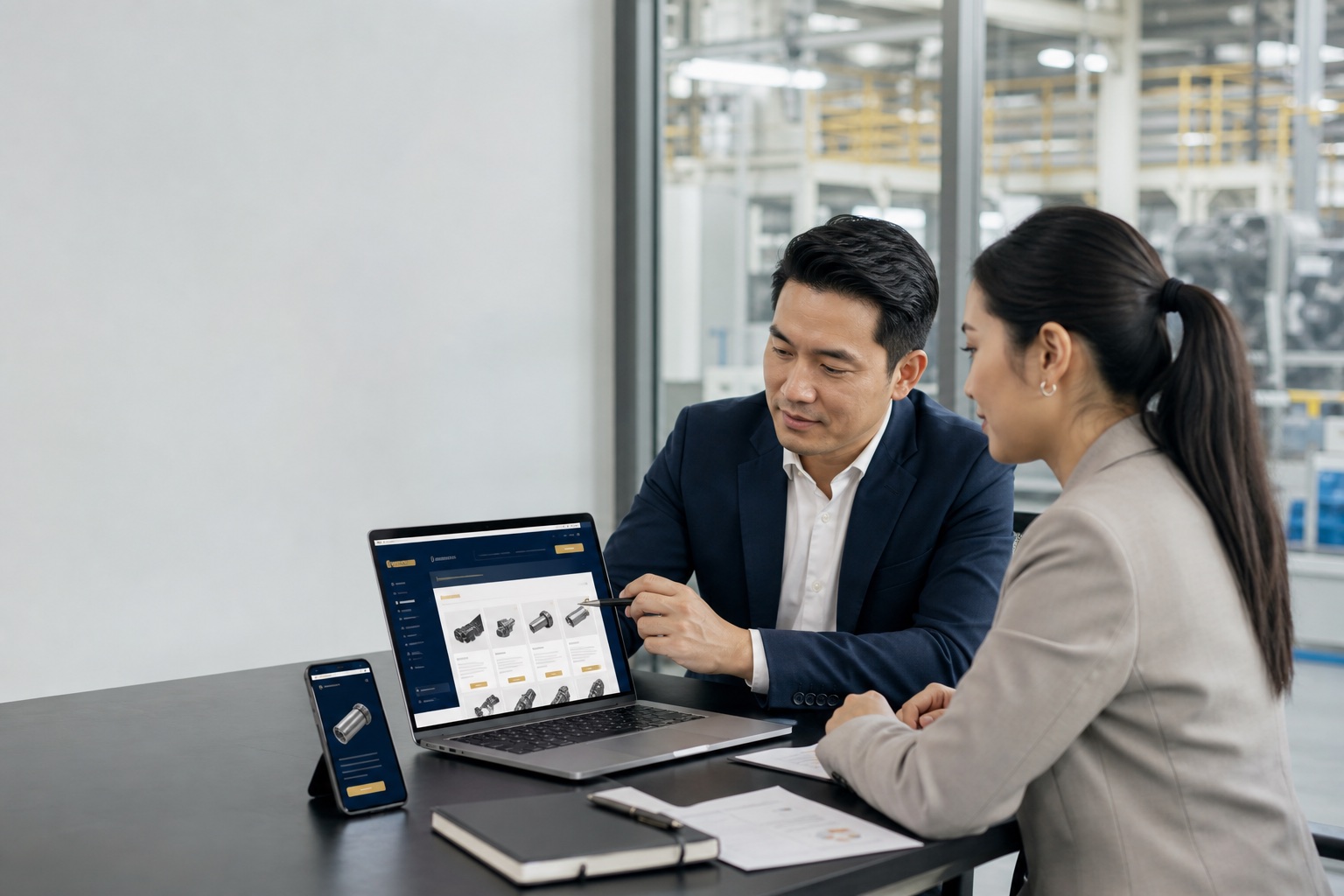 Bối cảnh đại diện khách hàng và Webdinh cùng xác nhận lộ trình sản phẩm và trang trên hai màn hình
